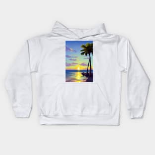 Summer Sunset Palm Tree Beach Ocean Artistic Paradise Landscape Kids Hoodie